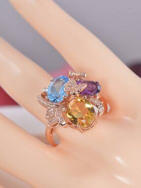 Natural Multi Color Gemstone Ring Real 925 Sterling Silver sz 8
